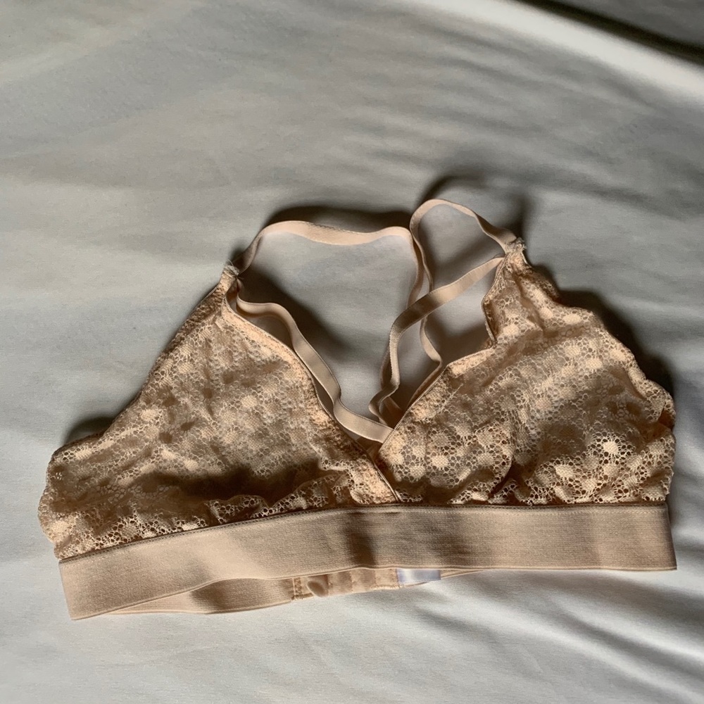 cross back & front neutral colored bralette